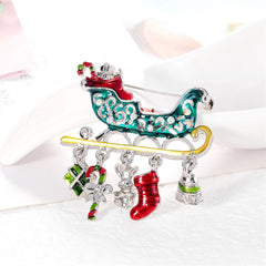 Clear Iridescent Cubic Zirconia & Red Enamel Christmas Sleigh Brooch