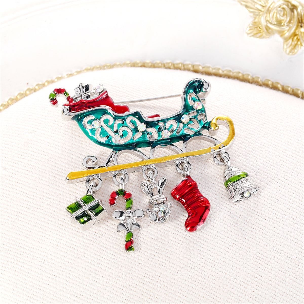 Clear Iridescent Cubic Zirconia & Red Enamel Christmas Sleigh Brooch