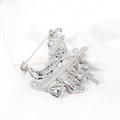 Clear Iridescent Cubic Zirconia & Red Enamel Christmas Sleigh Brooch