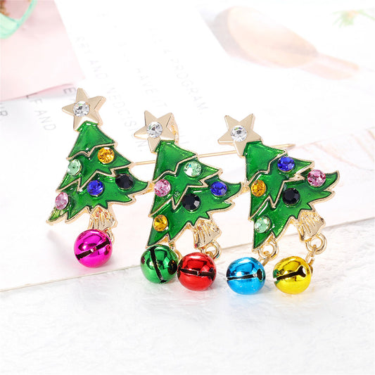 Colorful Cubic Zirconia and Green Enamel Christmas Tree Bell Brooch, brooch pin, vintage-inspired design, front view
