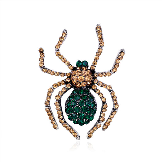 Green Cubic Zirconia and Silver-Plated Spider Brooch, silver brooch pin, vintage-inspired design, front view