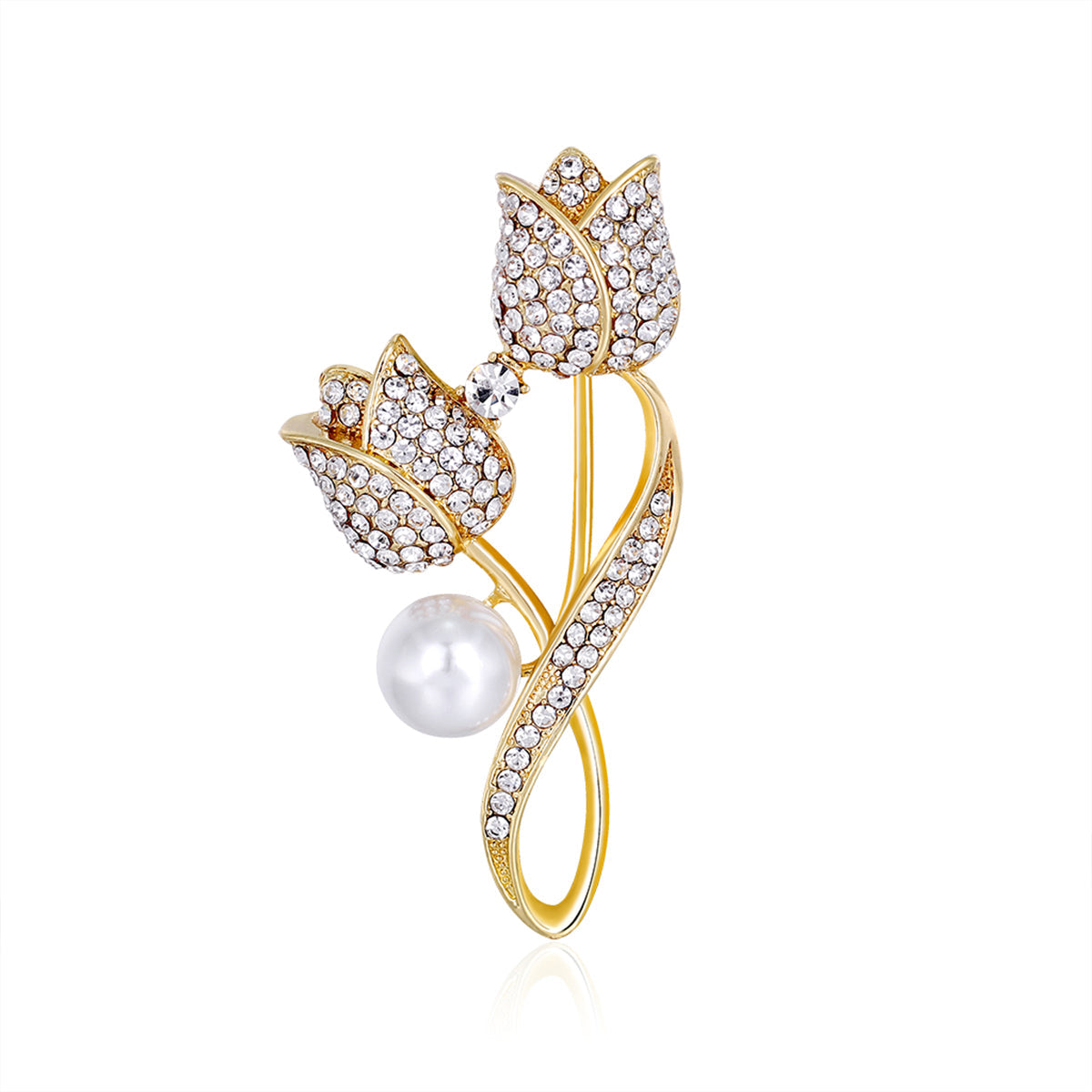 Cubic Zirconia & Pearl 18K Gold-Plated Tulips Brooch