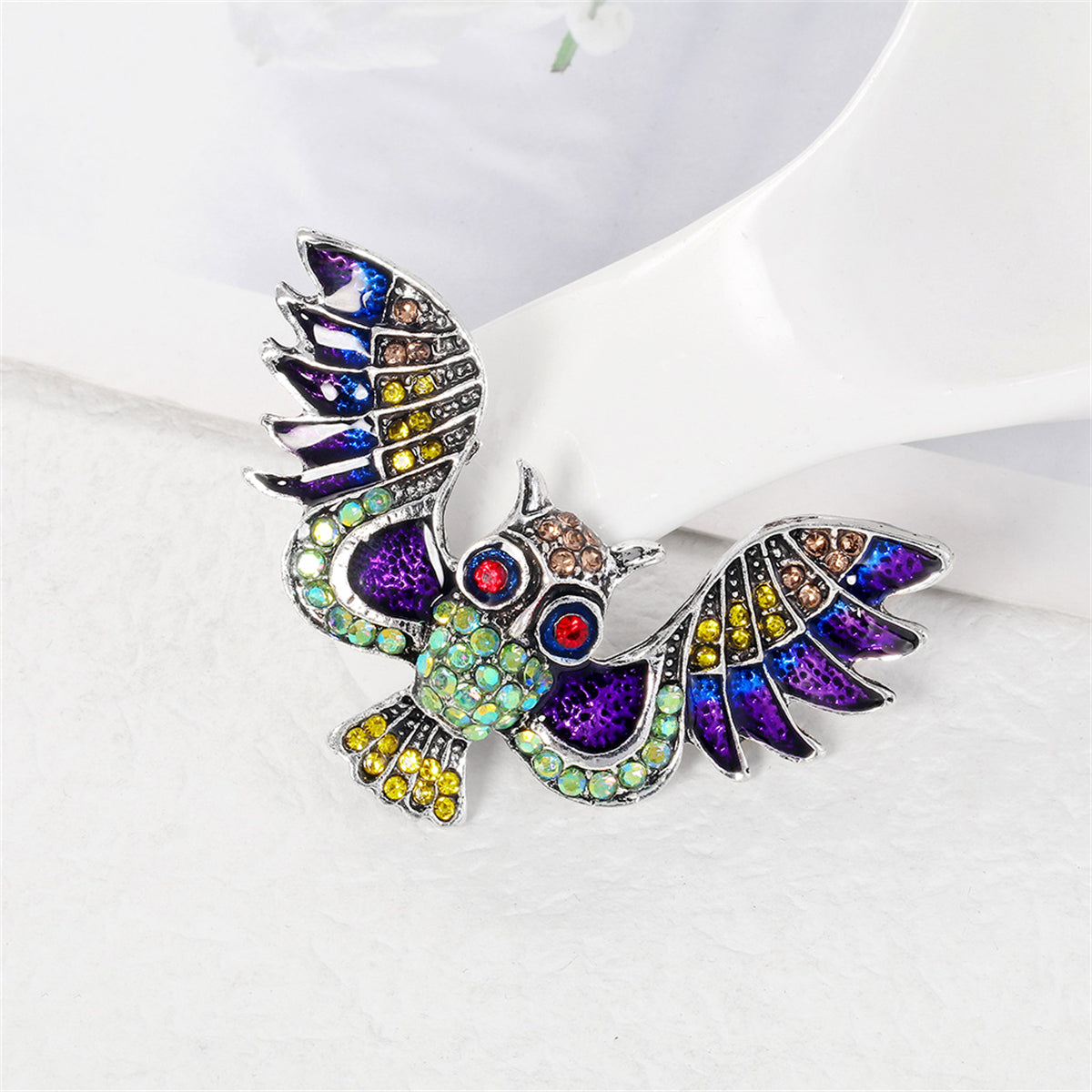 Purple Cubic Zirconia and Enamel Silver-Plated Owl Brooch, silver brooch pin, botanical inspired, front view