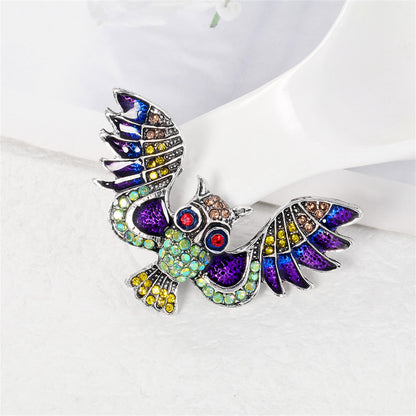 Purple Cubic Zirconia and Enamel Silver-Plated Owl Brooch, silver brooch pin, botanical inspired, front view