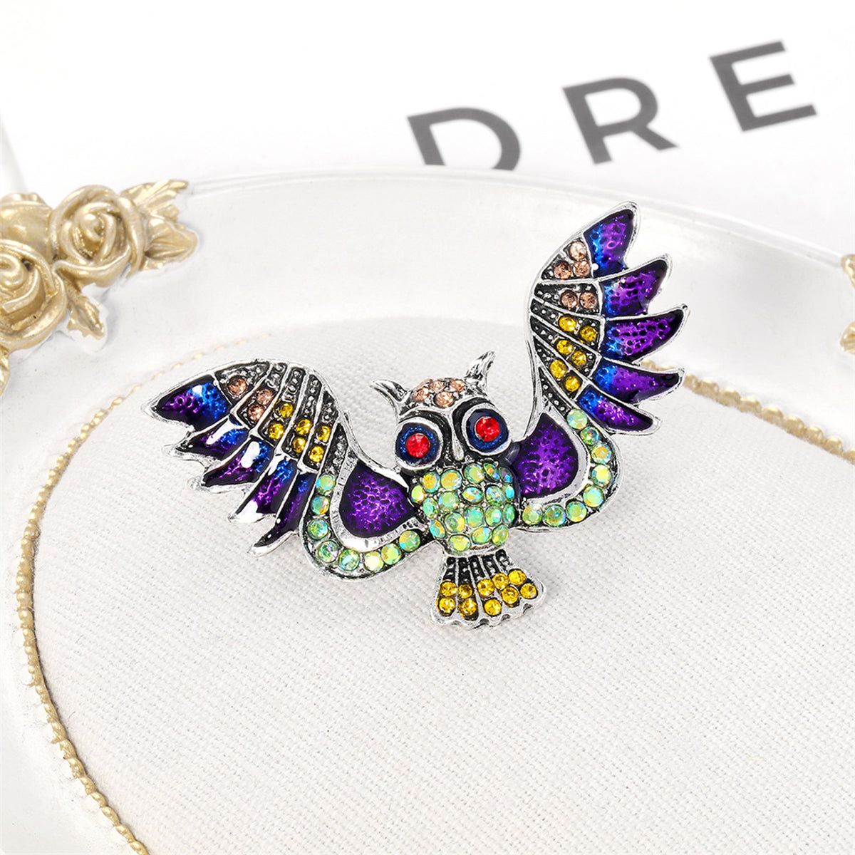 Purple Cubic Zirconia and Enamel Silver-Plated Owl Brooch, silver brooch pin, botanical inspired, detail close-up