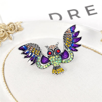 Purple Cubic Zirconia and Enamel Silver-Plated Owl Brooch, silver brooch pin, botanical inspired, detail close-up