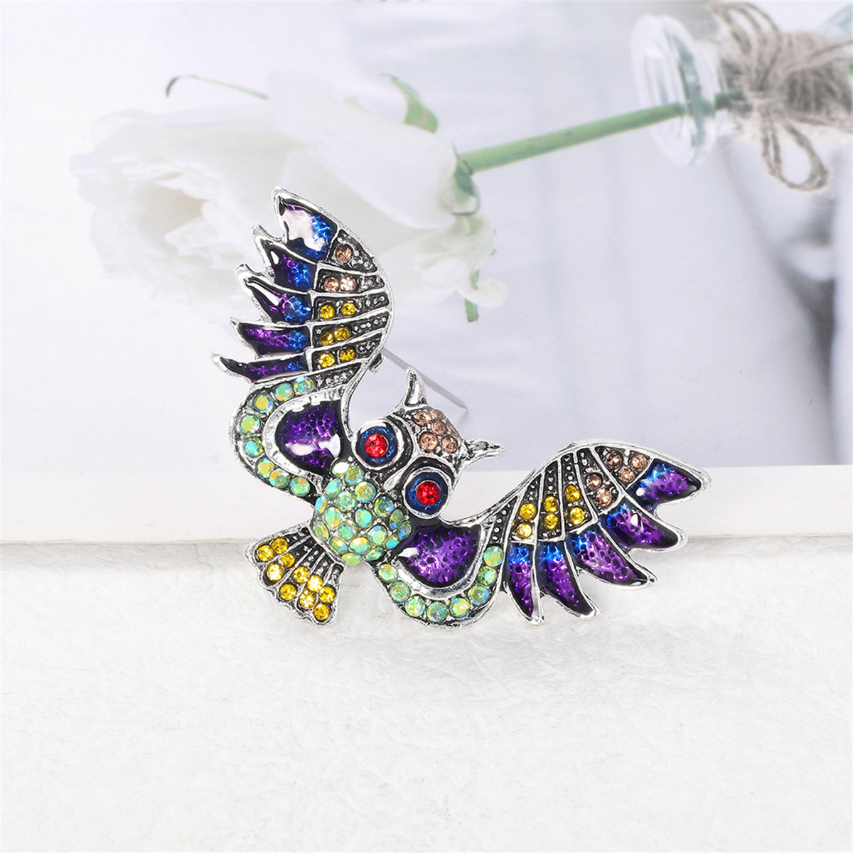 Purple Cubic Zirconia and Enamel Silver-Plated Owl Brooch, silver brooch pin, botanical inspired, lifestyle look