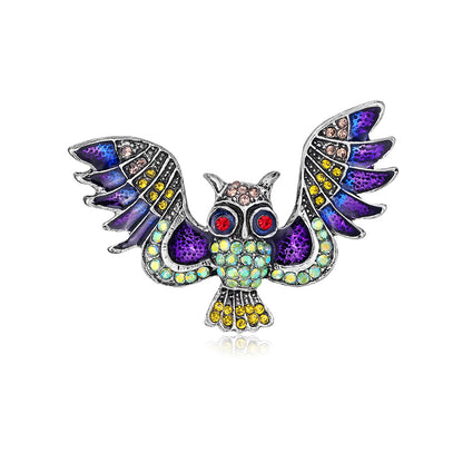 Purple Cubic Zirconia and Enamel Silver-Plated Owl Brooch, silver brooch pin, botanical inspired, side view