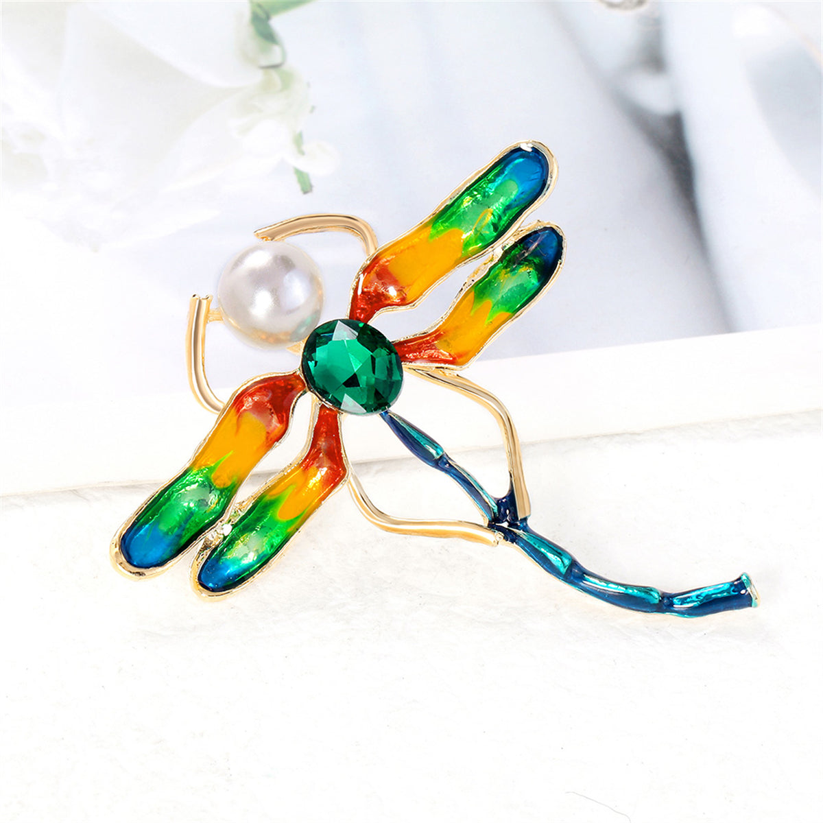 Crystal and Pearl Enamel 18K Gold-Plated Dragonfly Brooch, gold brooch pin, botanical inspired, front view