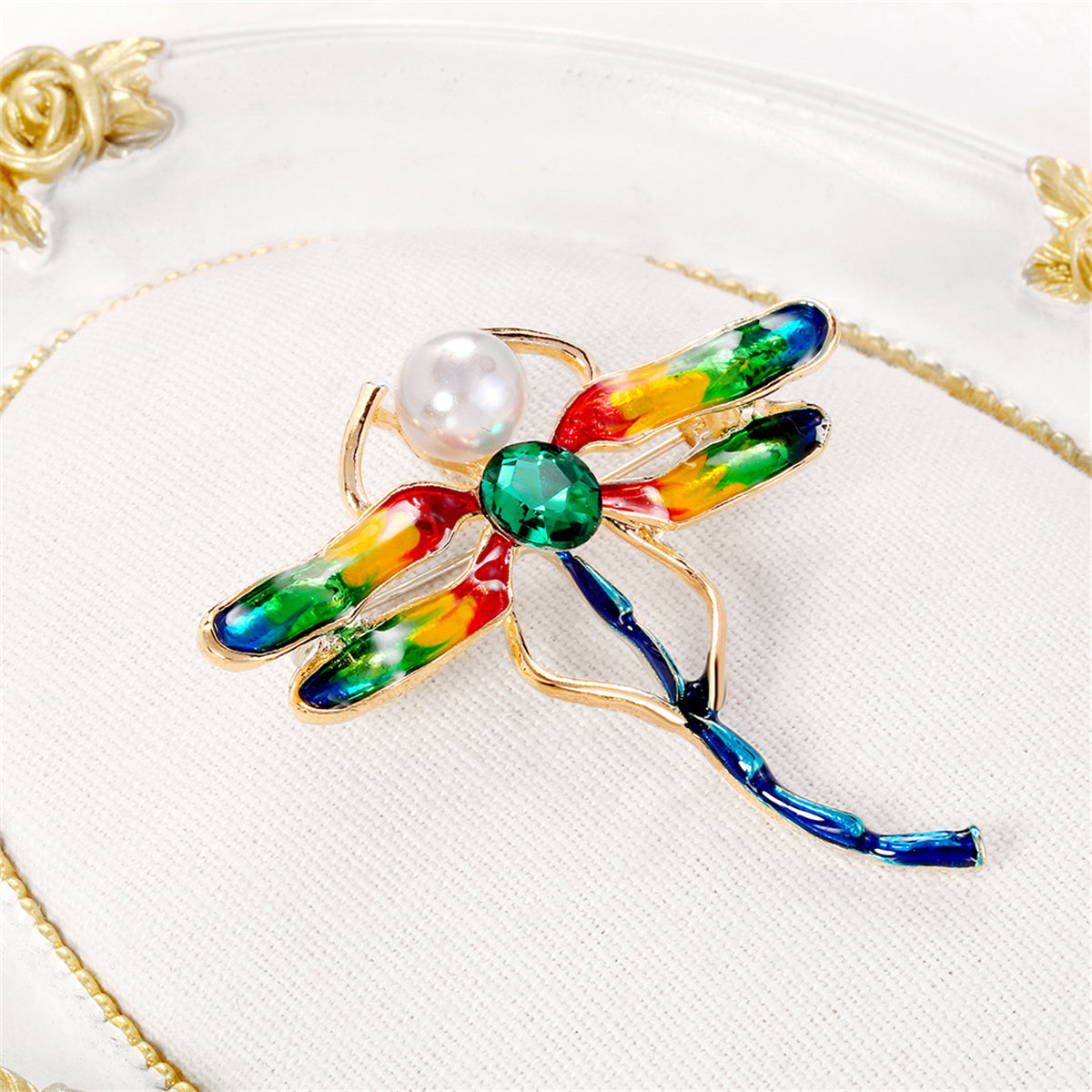 Crystal and Pearl Enamel 18K Gold-Plated Dragonfly Brooch, gold brooch pin, botanical inspired, detail close-up