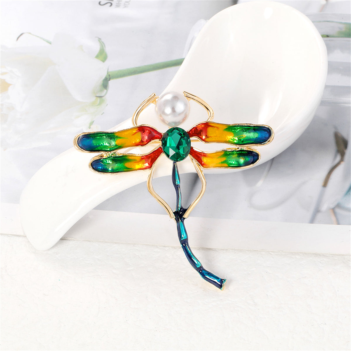 Crystal and Pearl Enamel 18K Gold-Plated Dragonfly Brooch, gold brooch pin, botanical inspired, lifestyle look