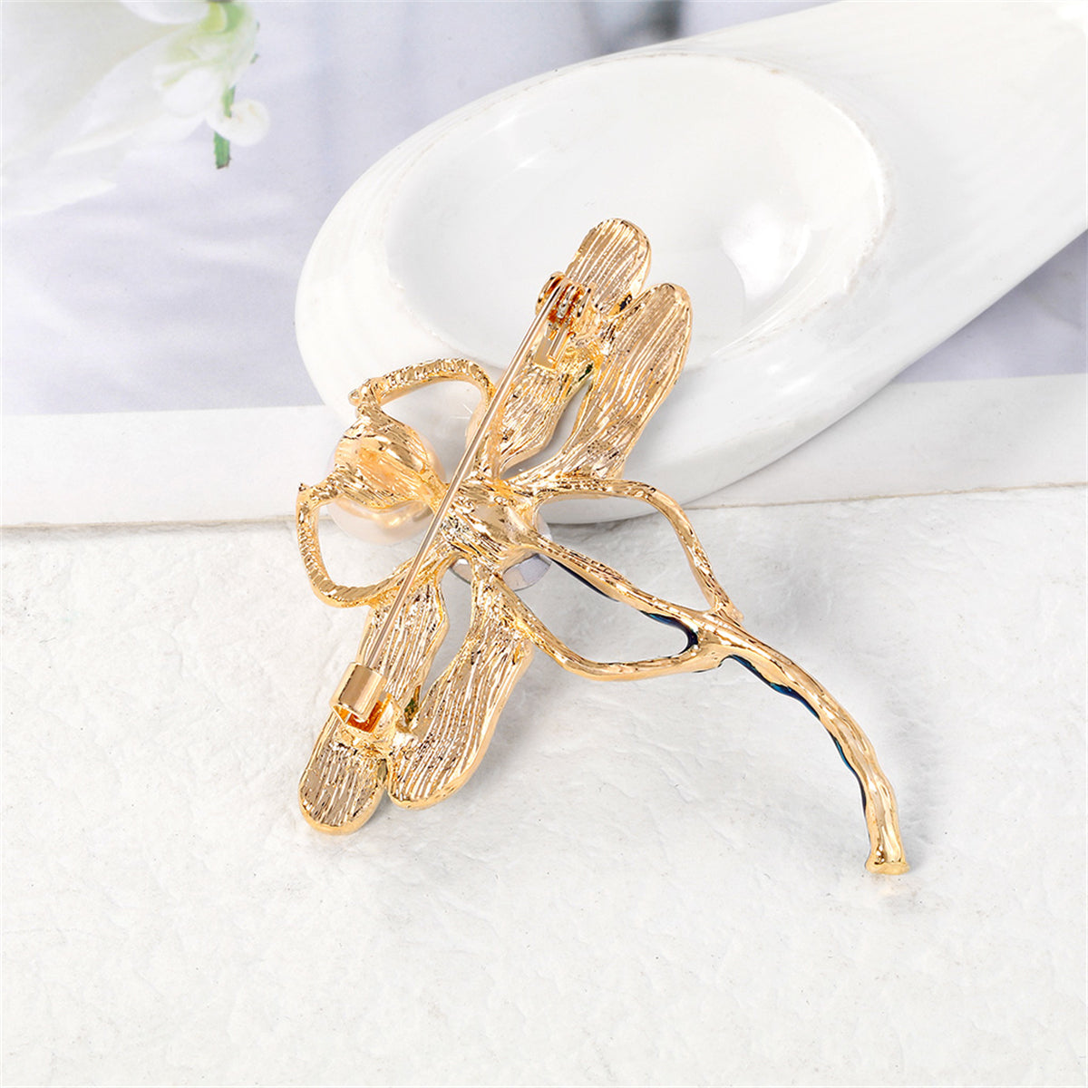 Crystal and Pearl Enamel 18K Gold-Plated Dragonfly Brooch, gold brooch pin, botanical inspired, styled look