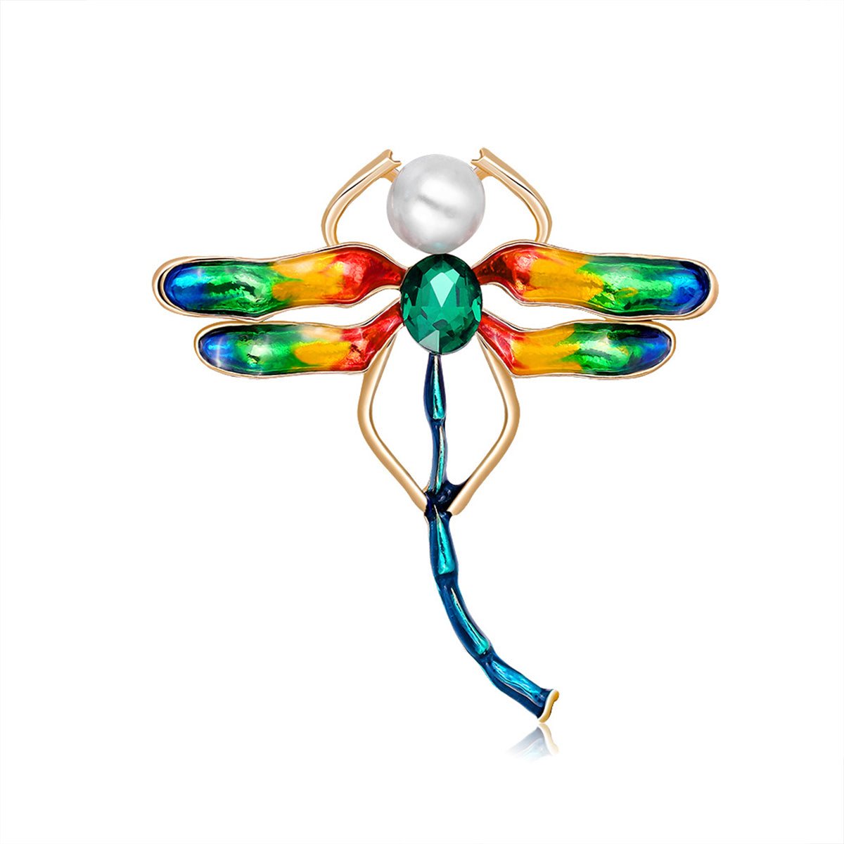 Crystal and Pearl Enamel 18K Gold-Plated Dragonfly Brooch, gold brooch pin, botanical inspired, side view