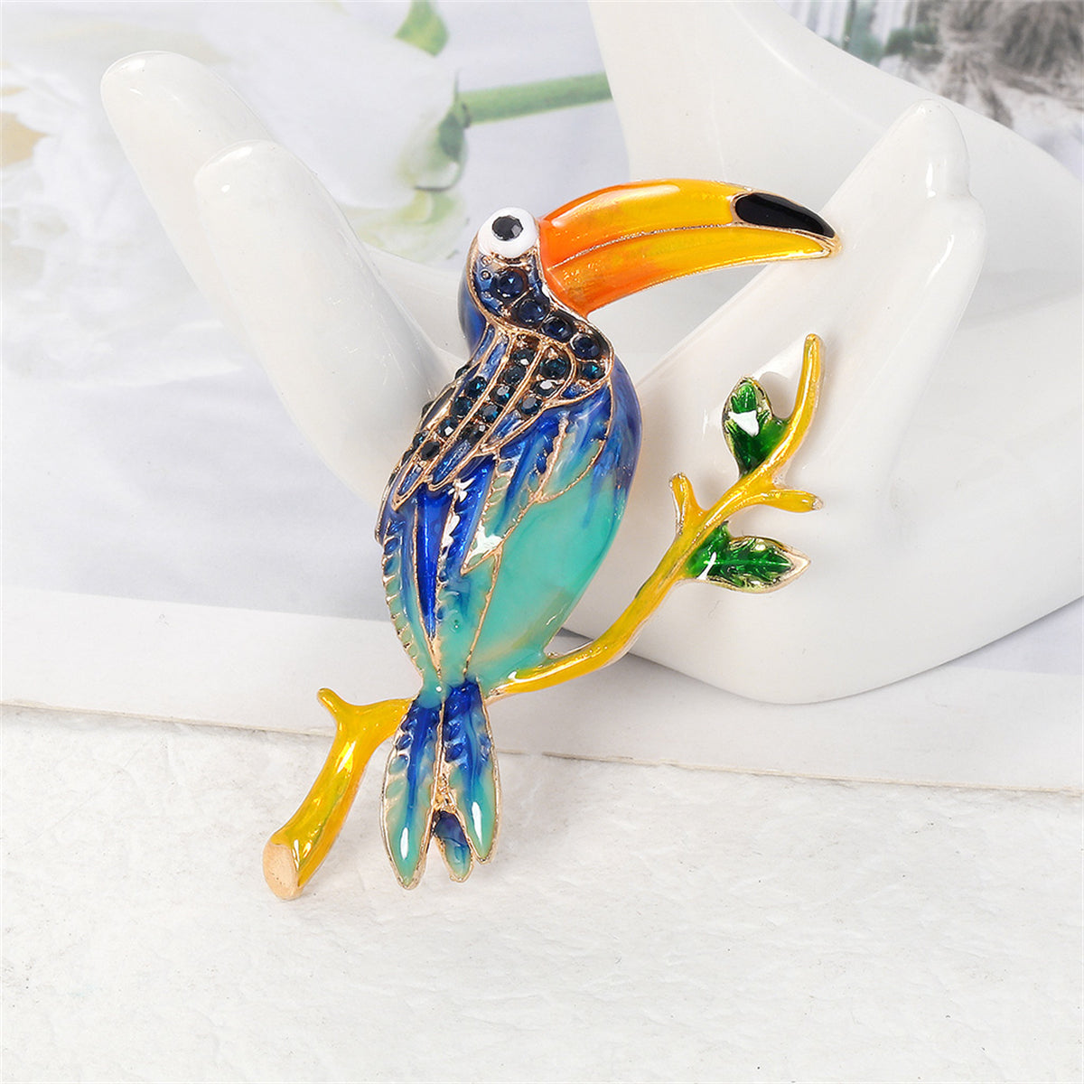 Teal Enamel and Cubic Zirconia 18K Gold-Plated Toucan Brooch, gold brooch pin, everyday style, front view