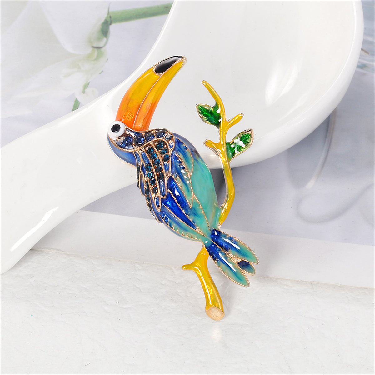 Teal Enamel and Cubic Zirconia 18K Gold-Plated Toucan Brooch, gold brooch pin, everyday style, detail close-up
