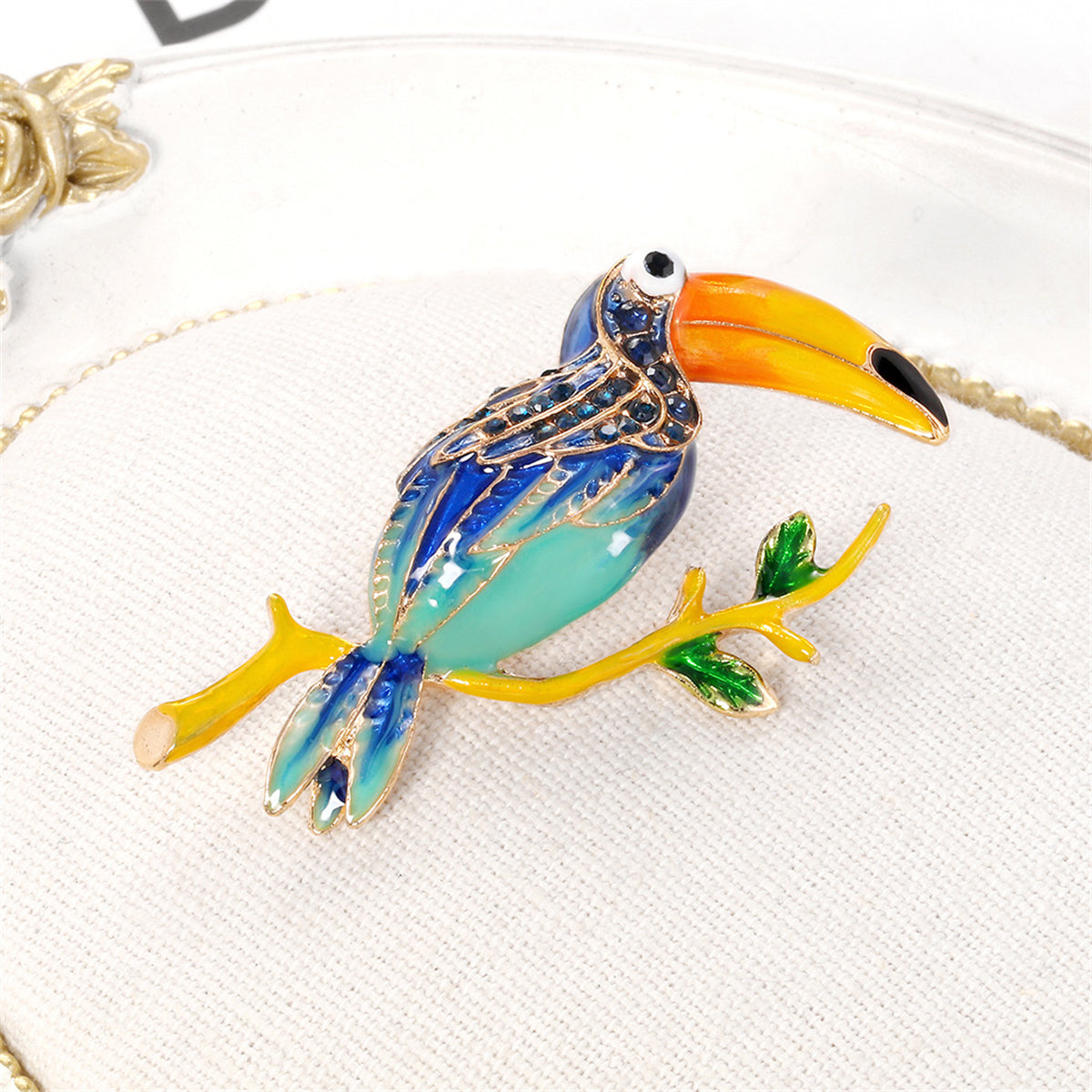 Teal Enamel and Cubic Zirconia 18K Gold-Plated Toucan Brooch, gold brooch pin, everyday style, lifestyle look