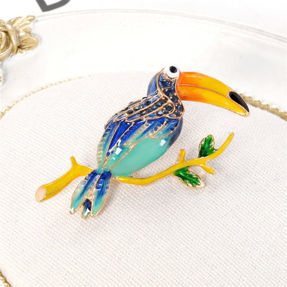 Teal Enamel and Cubic Zirconia 18K Gold-Plated Toucan Brooch, gold brooch pin, everyday style, lifestyle look