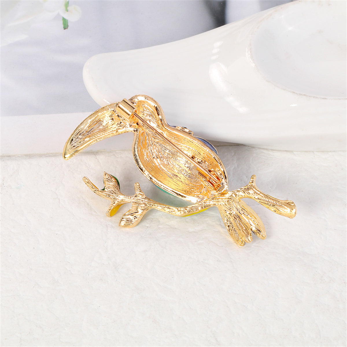 Teal Enamel and Cubic Zirconia 18K Gold-Plated Toucan Brooch, gold brooch pin, everyday style, styled look