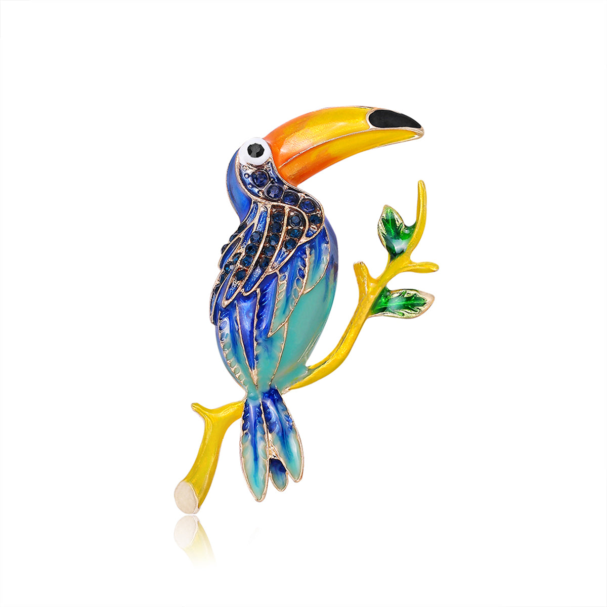 Teal Enamel and Cubic Zirconia 18K Gold-Plated Toucan Brooch, gold brooch pin, everyday style, side view