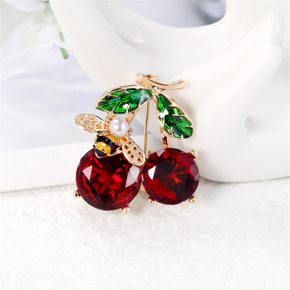 Red Crystal and Pearl 18K Gold-Plated Bee Cherry Brooch, gold brooch pin, dainty minimalist design, side view