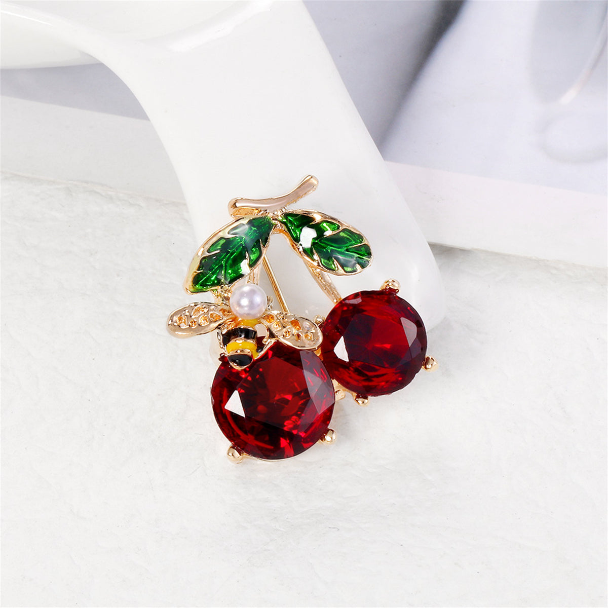 Red Crystal and Pearl 18K Gold-Plated Bee Cherry Brooch, gold brooch pin, dainty minimalist design, detail close-up