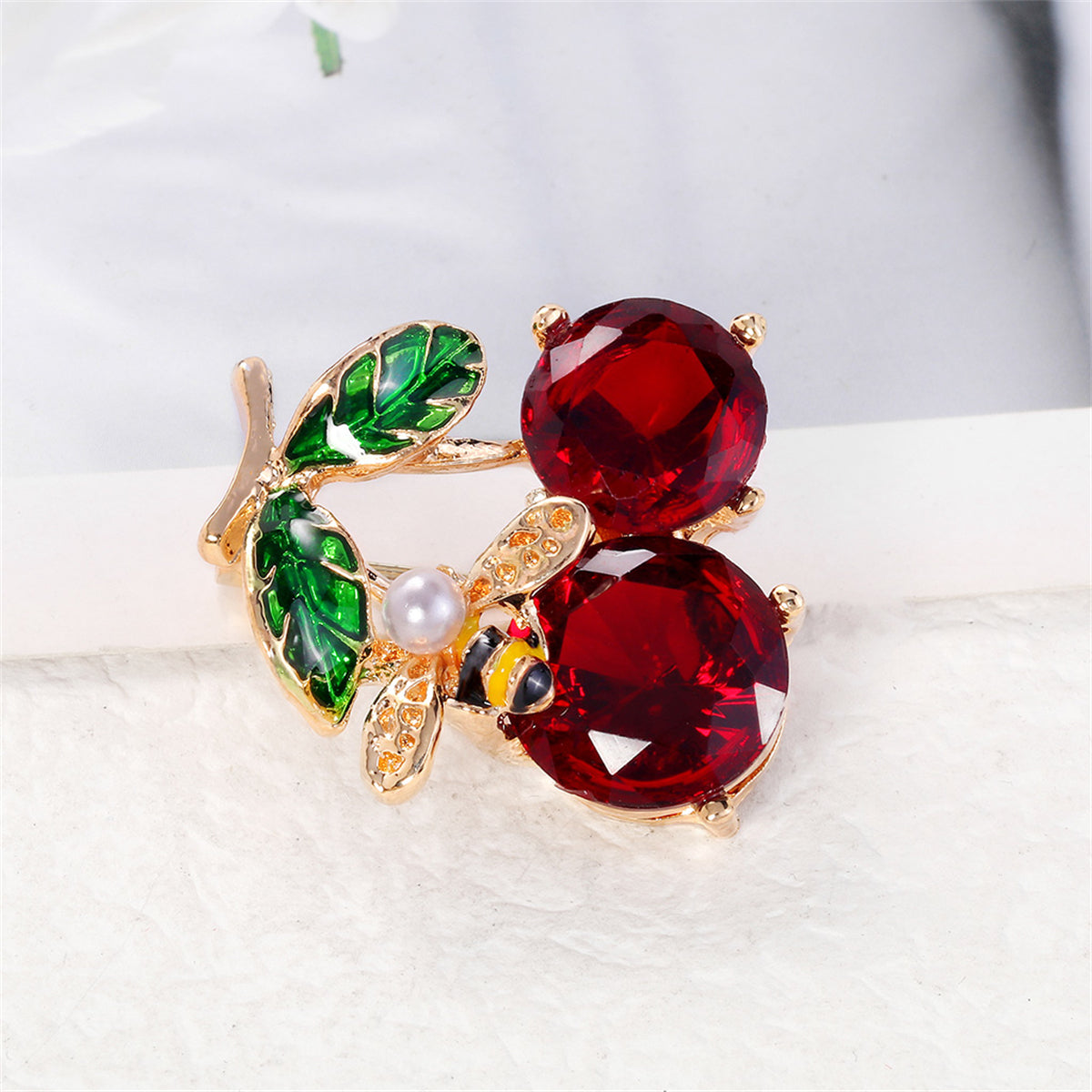 Red Crystal and Pearl 18K Gold-Plated Bee Cherry Brooch, gold brooch pin, dainty minimalist design, lifestyle look