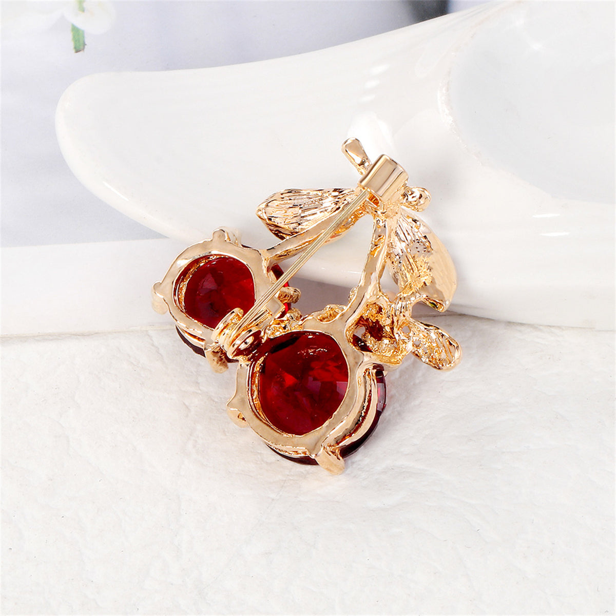 Red Crystal and Pearl 18K Gold-Plated Bee Cherry Brooch, gold brooch pin, dainty minimalist design, styled look
