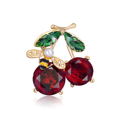 Red Crystal and Pearl 18K Gold-Plated Bee Cherry Brooch, gold brooch pin, dainty minimalist design, front view