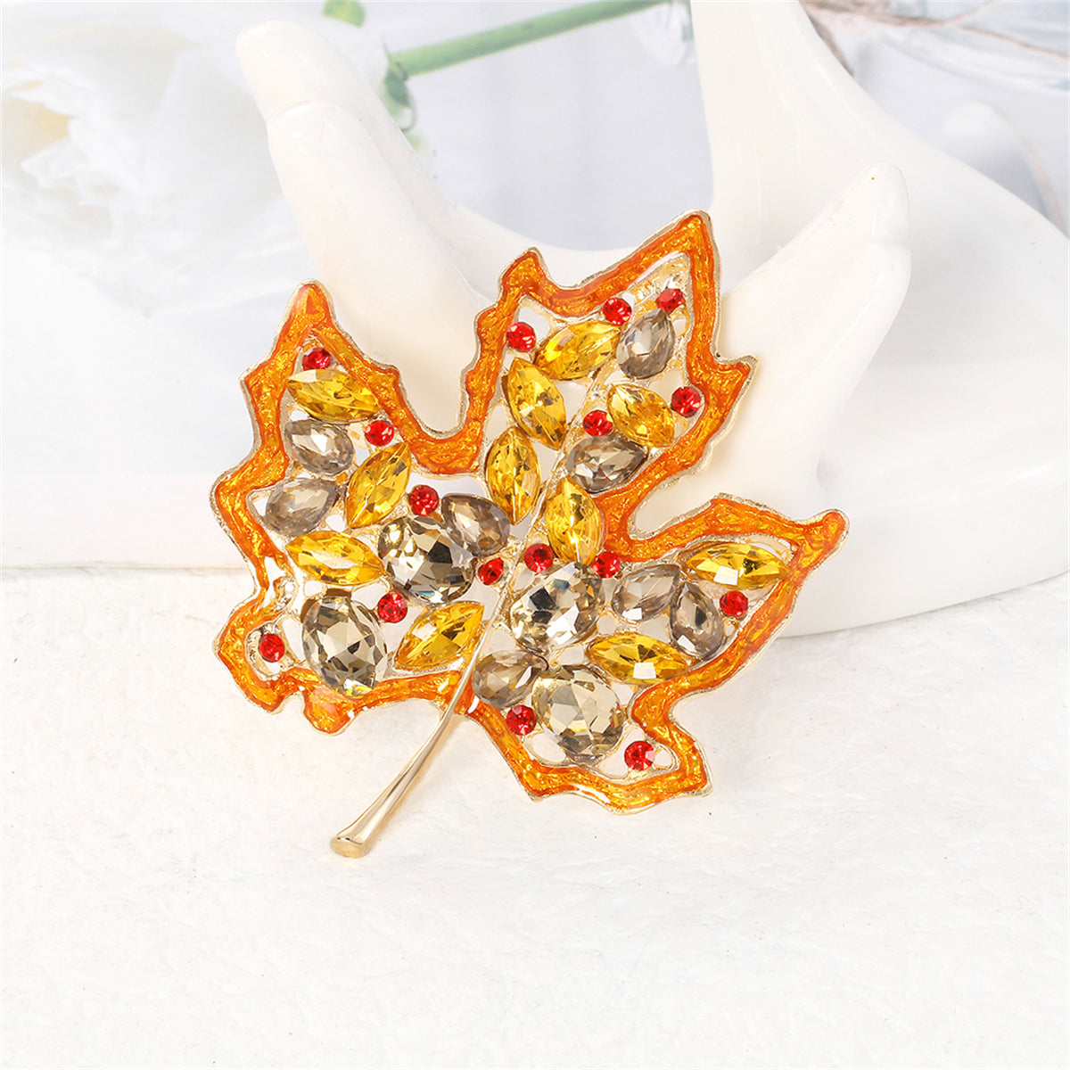 Yellow Crystal and Red Cubic Zirconia Maple Brooch, brooch pin, elegant gift for her, front view