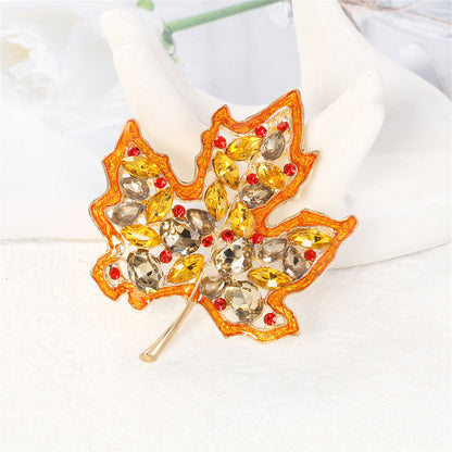 Yellow Crystal and Red Cubic Zirconia Maple Brooch, brooch pin, elegant gift for her, front view
