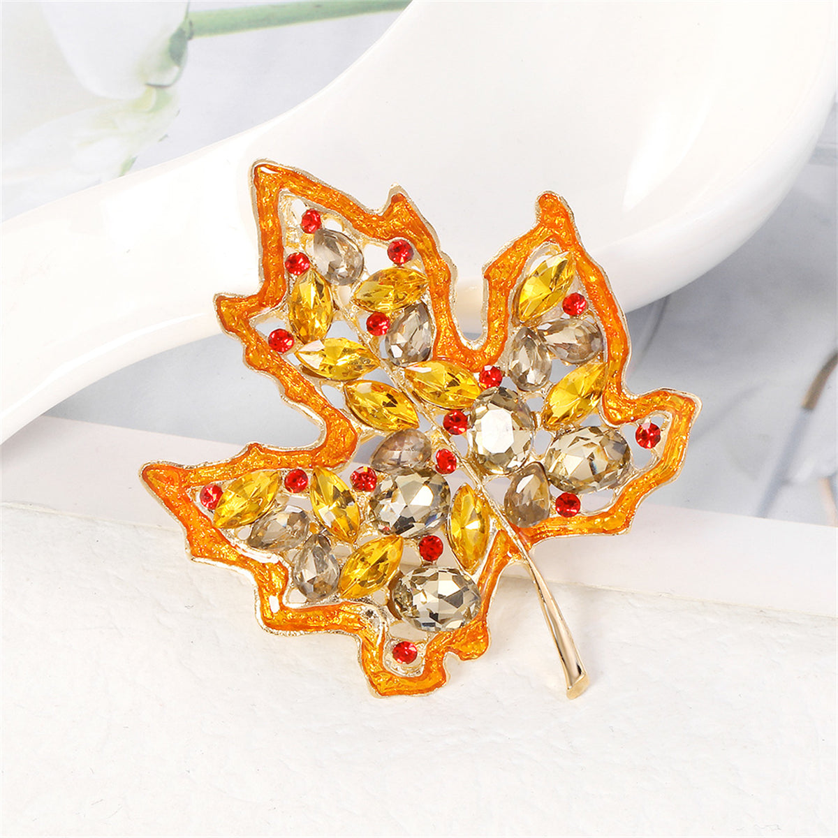 Yellow Crystal and Red Cubic Zirconia Maple Brooch, brooch pin, elegant gift for her, detail close-up