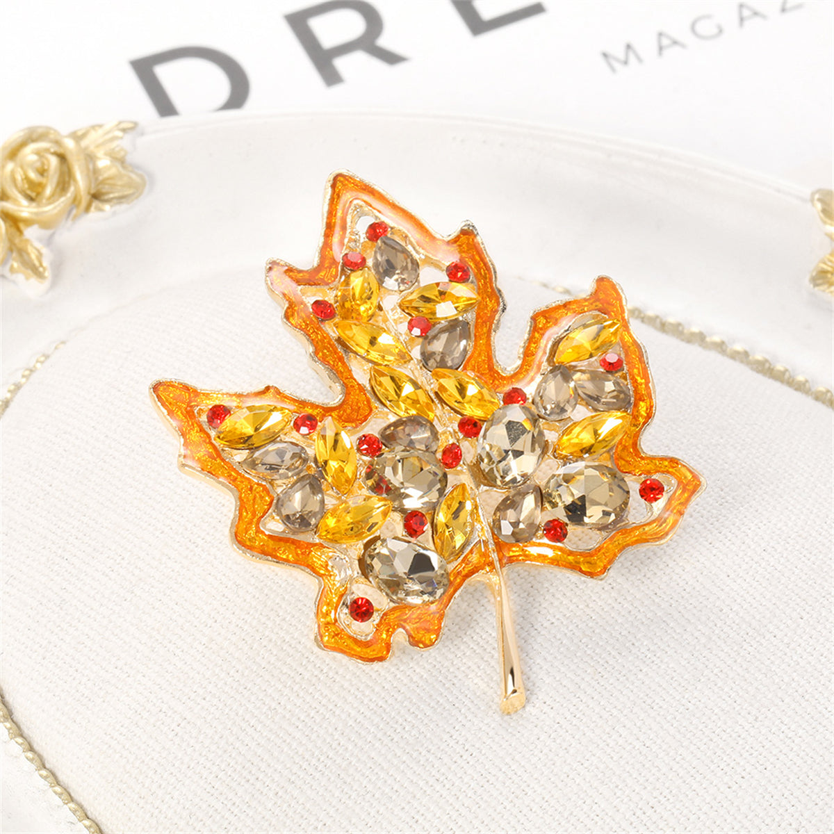 Yellow Crystal and Red Cubic Zirconia Maple Brooch, brooch pin, elegant gift for her, lifestyle look
