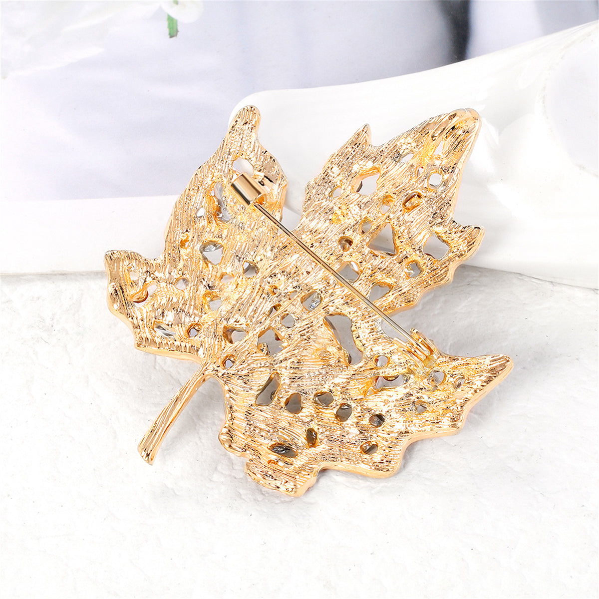 Yellow Crystal & Red Cubic Zirconia Maple Brooch