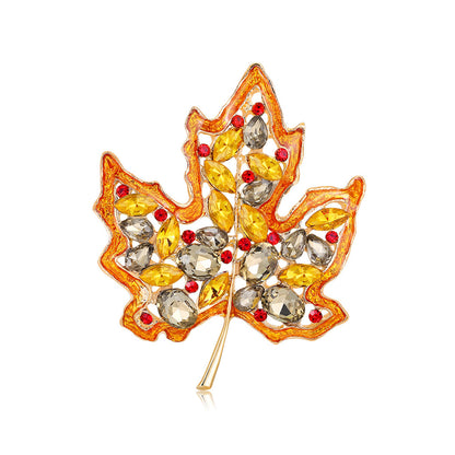Yellow Crystal and Red Cubic Zirconia Maple Brooch, brooch pin, elegant gift for her, side view