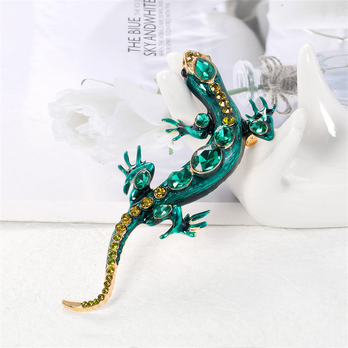 Green Crystal and Enamel 18K Gold-Plated Lizard Brooch, gold brooch pin, elegant gift for her, side view