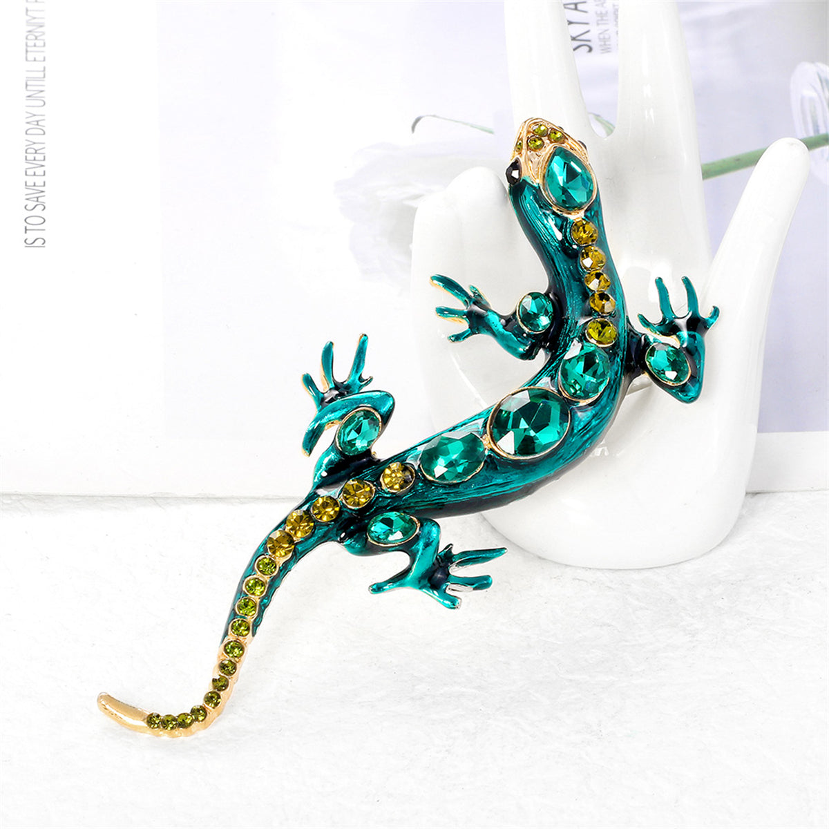 Green Crystal and Enamel 18K Gold-Plated Lizard Brooch, gold brooch pin, elegant gift for her, lifestyle look
