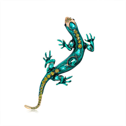 Green Crystal and Enamel 18K Gold-Plated Lizard Brooch, gold brooch pin, elegant gift for her, front view
