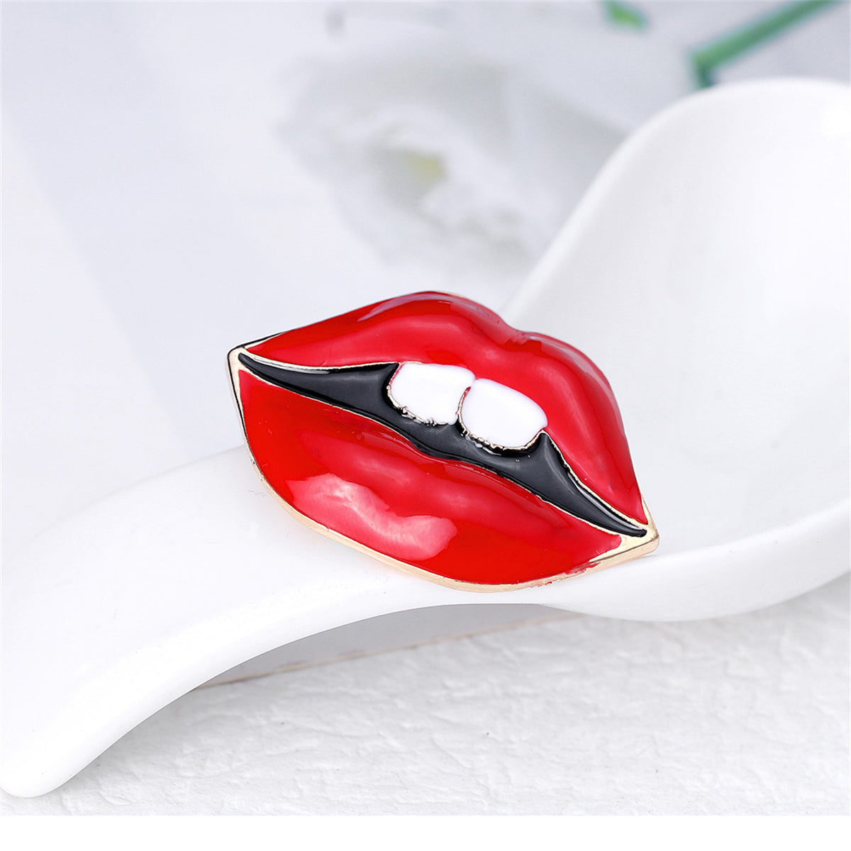 Red Enamel and 18K Gold-Plated Lip Brooch, gold brooch pin, botanical inspired, front view