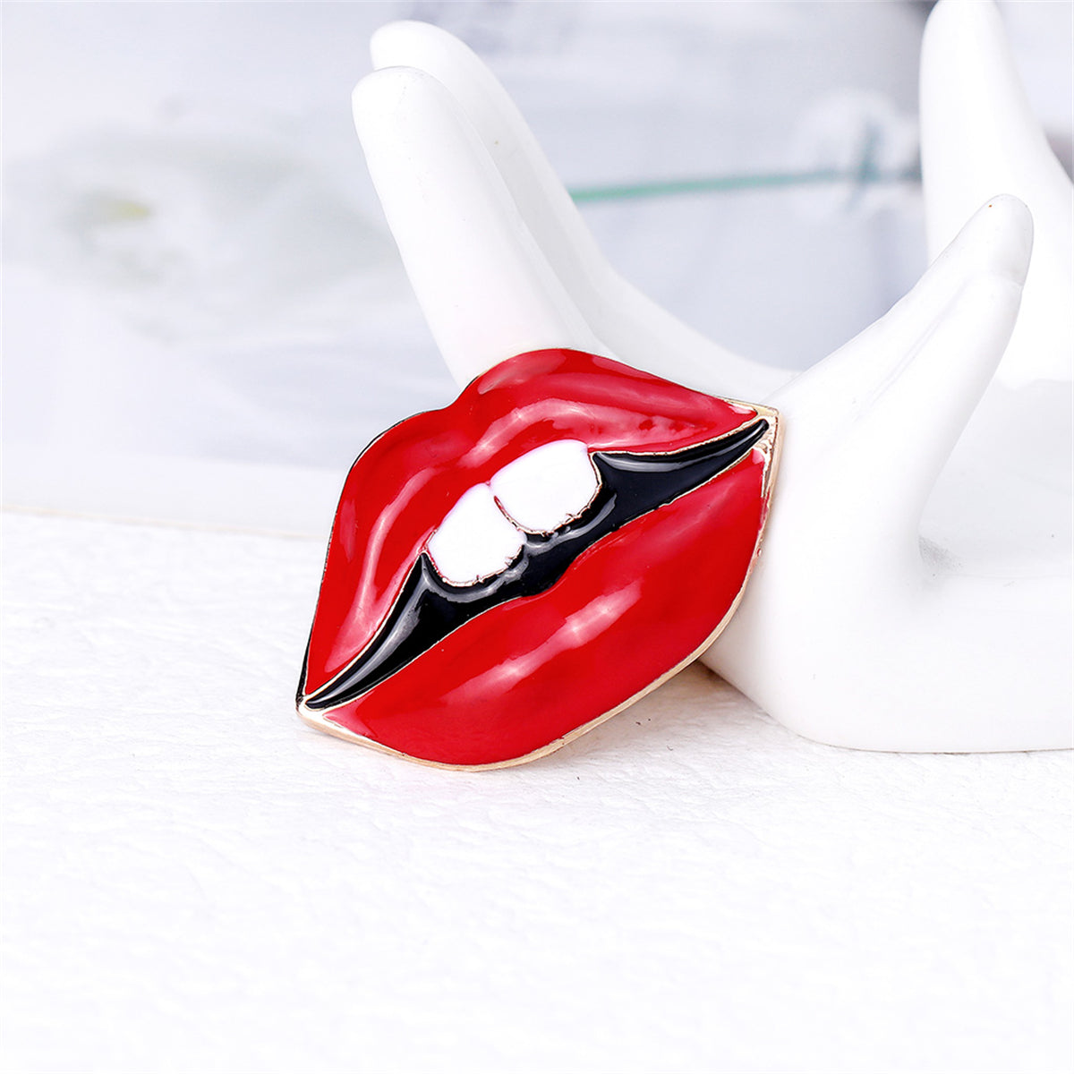 Red Enamel and 18K Gold-Plated Lip Brooch, gold brooch pin, botanical inspired, detail close-up