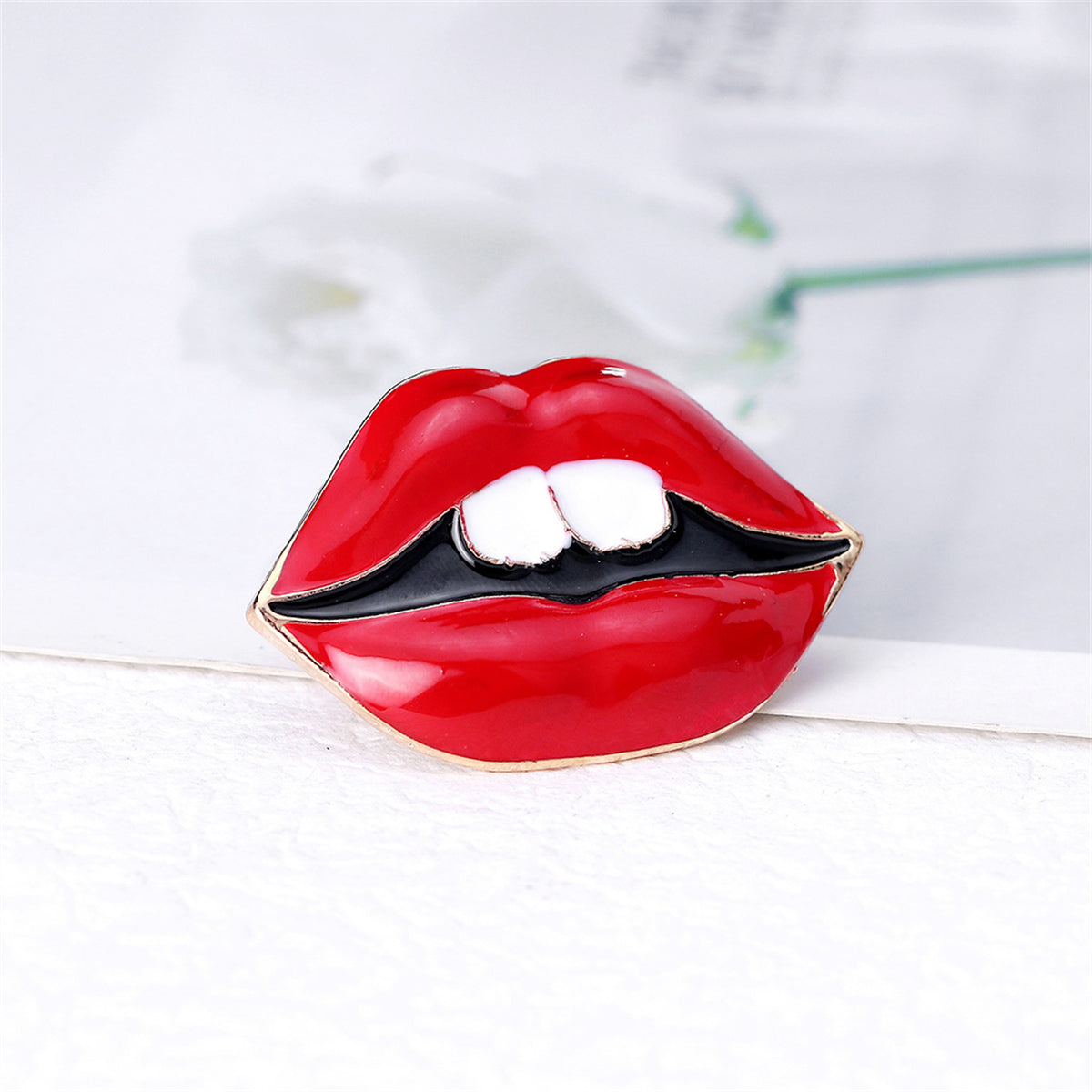 Red Enamel and 18K Gold-Plated Lip Brooch, gold brooch pin, botanical inspired, lifestyle look