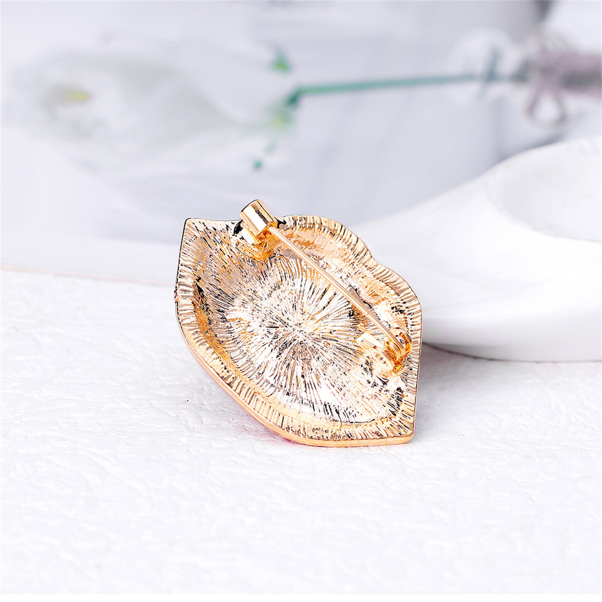 Red Enamel and 18K Gold-Plated Lip Brooch, gold brooch pin, botanical inspired, styled look