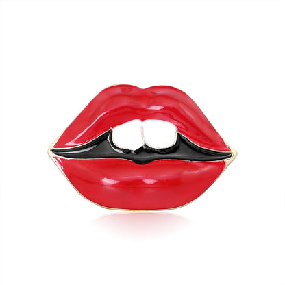 Red Enamel and 18K Gold-Plated Lip Brooch, gold brooch pin, botanical inspired, side view