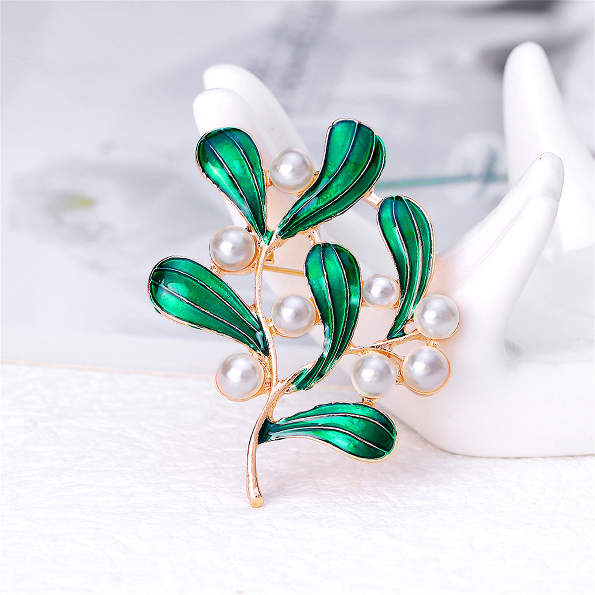 Green Enamel and Pearl 18K Gold-Plated Botanical Brooch, gold brooch pin, vintage-inspired design, front view