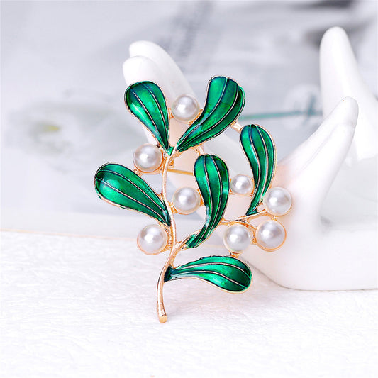 Green Enamel and Pearl 18K Gold-Plated Botanical Brooch, gold brooch pin, botanical inspired, front view