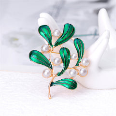 Green Enamel & Pearl 18K Gold-Plated Botanical Brooch