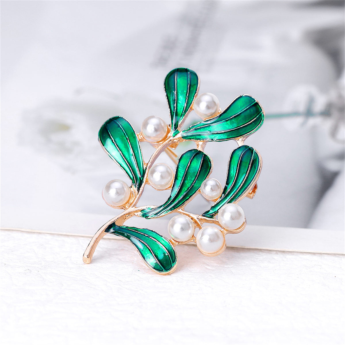 Green Enamel and Pearl 18K Gold-Plated Botanical Brooch, gold brooch pin, vintage-inspired design, detail close-up