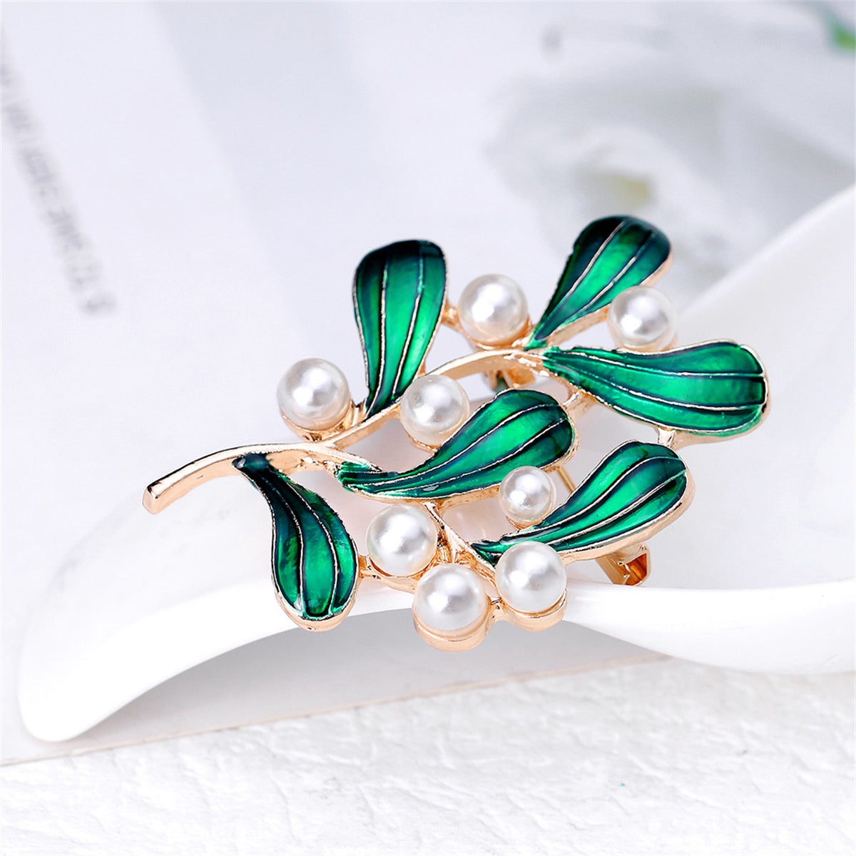 Green Enamel and Pearl 18K Gold-Plated Botanical Brooch, gold brooch pin, vintage-inspired design, lifestyle look