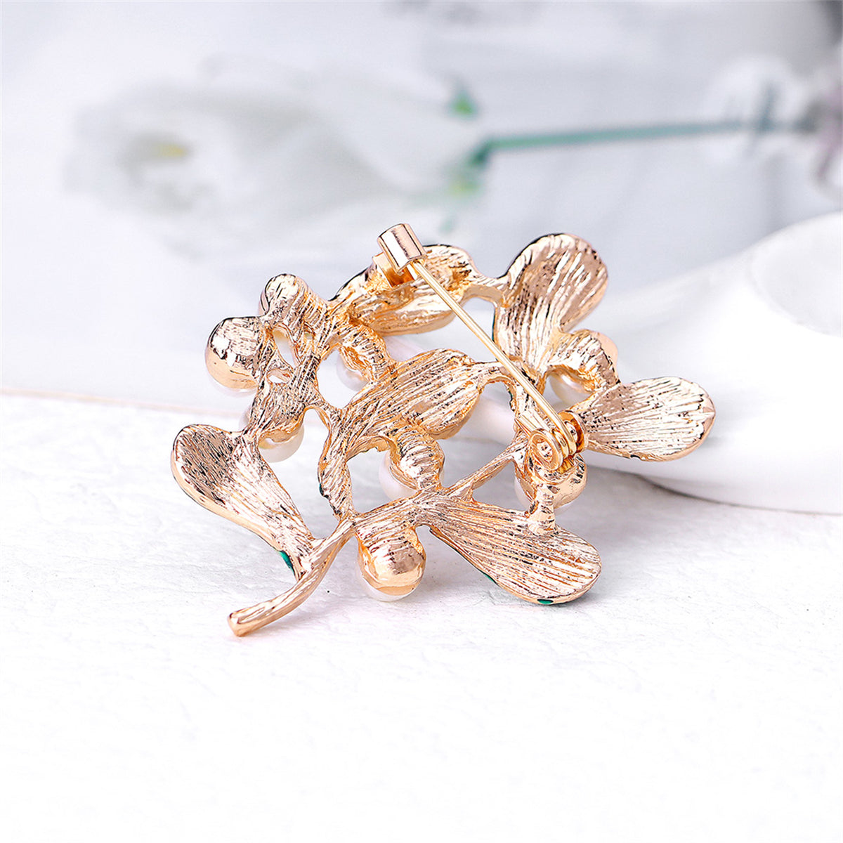Green Enamel and Pearl 18K Gold-Plated Botanical Brooch, gold brooch pin, vintage-inspired design, styled look