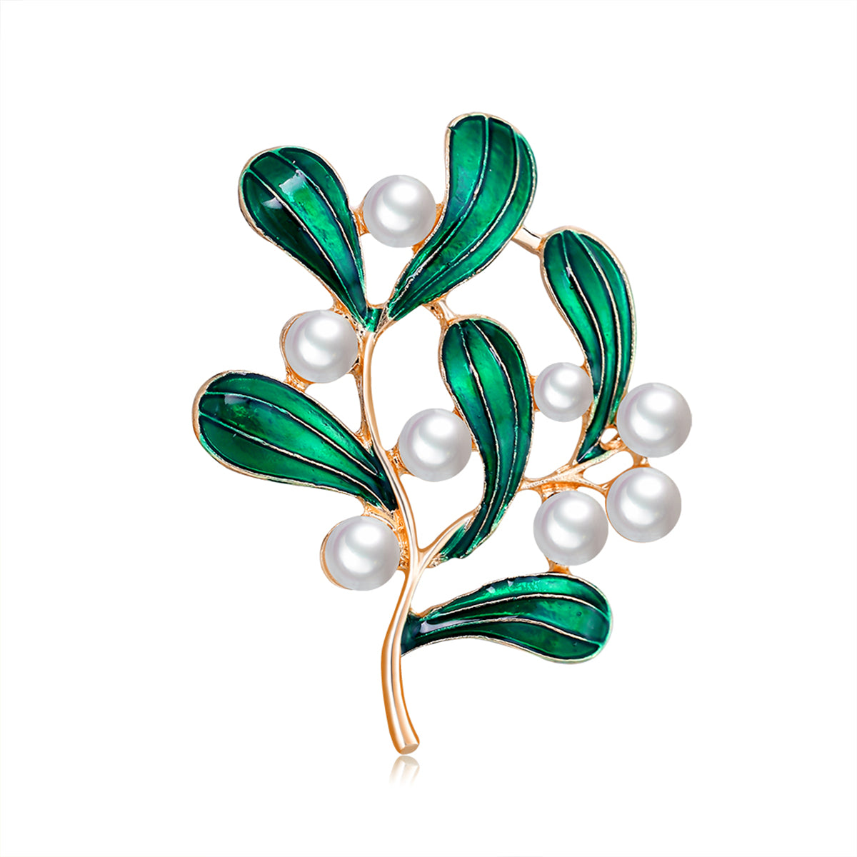 Green Enamel and Pearl 18K Gold-Plated Botanical Brooch, gold brooch pin, vintage-inspired design, side view