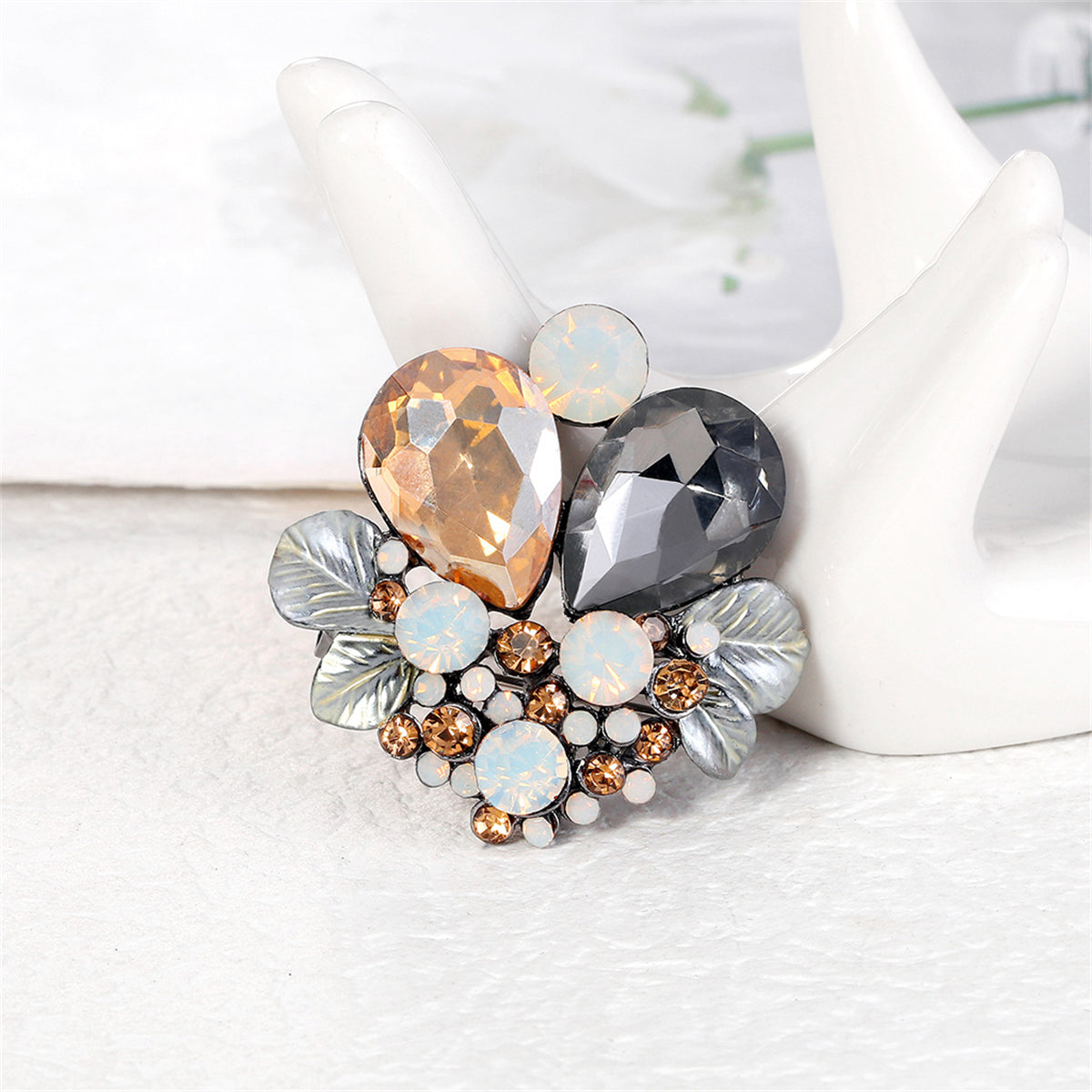 Gray Crystal and Cubic Zirconia Enamel Silver-Plated Botanical Brooch, silver brooch pin, front view